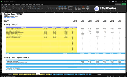 Elderly Care Financial Model capex inputs tab detailing capital expenditure categories and customizable purchase, timing, and depreciation assumptions to plan facility investments and funding needs, fully customizable.
