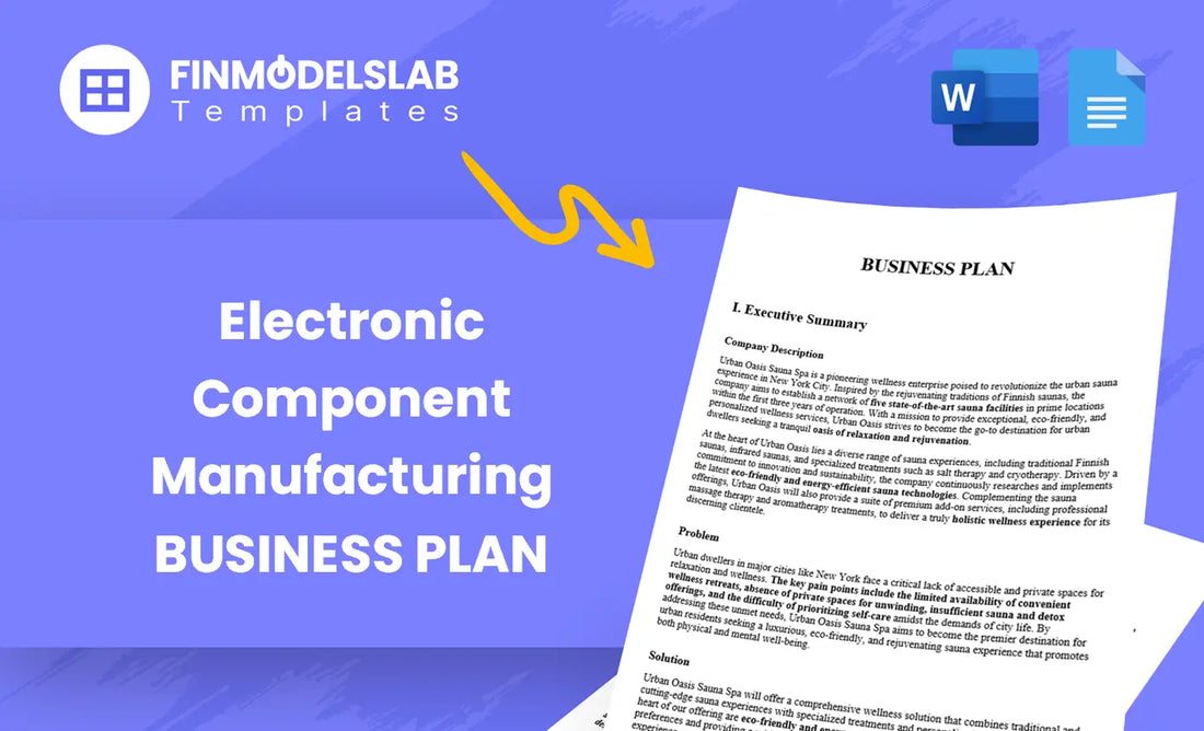 Electronic Component Manufacturing Business Plan template built for entrepreneurs and engineers launching a parts factory, with pre-written content, investor-ready formatting, customizable in Word; saves time and meets lender standards.
