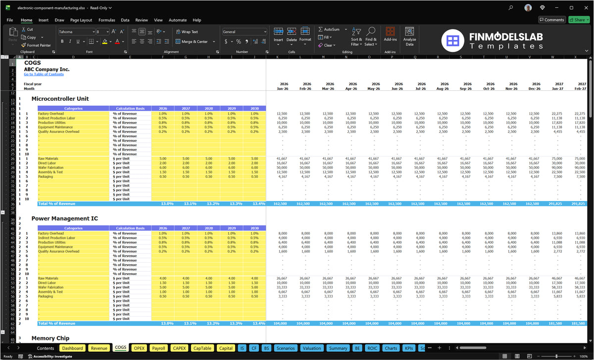 COGS spreadsheet containing product-specific cost categories, calculation bases and monthly values