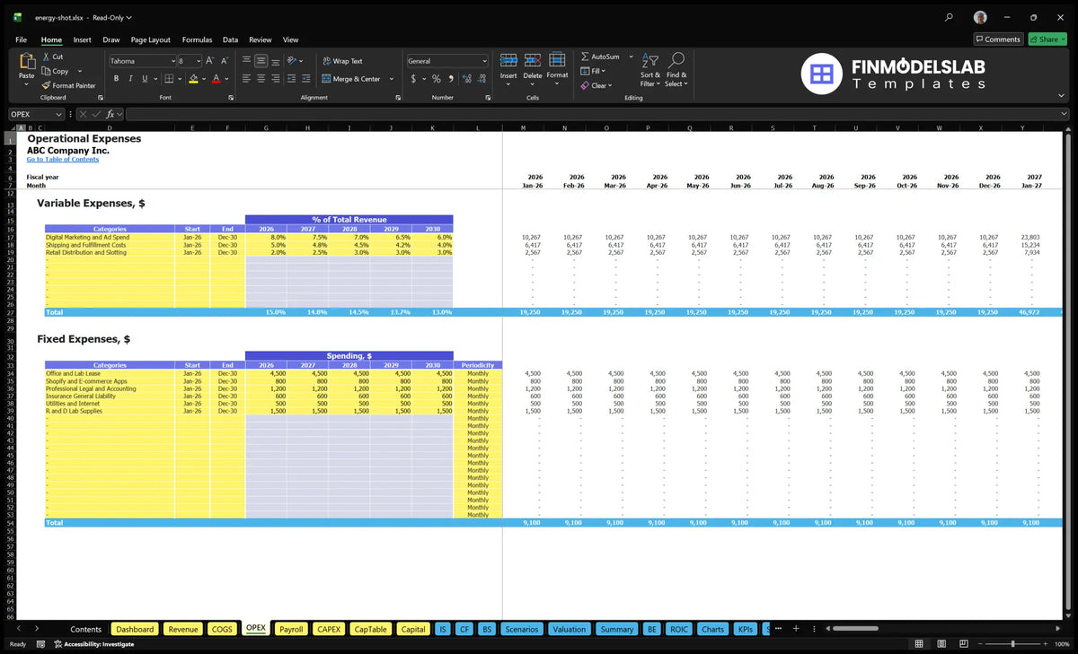 Worksheet OPEX Energy Shot Beverage Brand with variable expenditure, fixed expenditure, percentage of revenue, expenditure assumptions, schedule, periodicity and monthly calculations