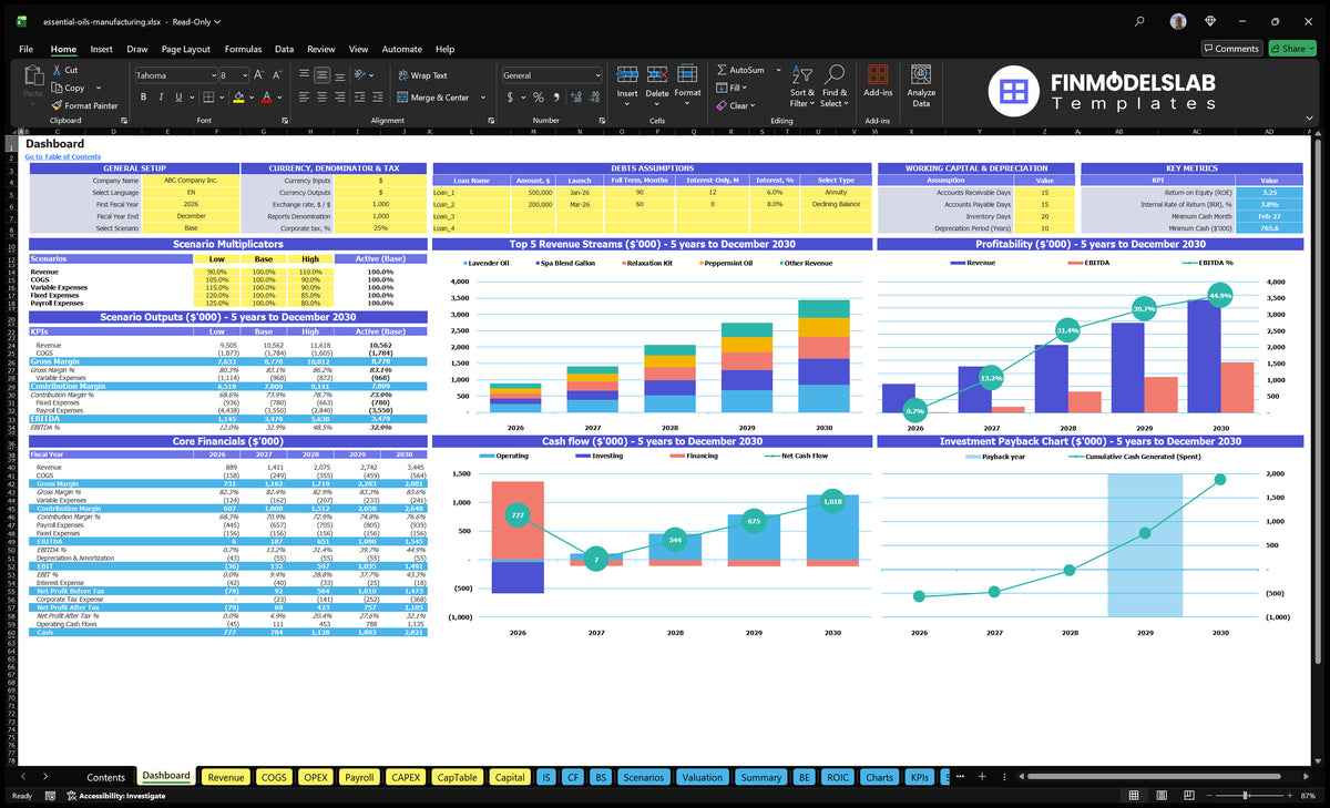 Dashboard showing model configuration control, scenario multipliers, basic finances, revenue mix, profitability, cash flow and return charts