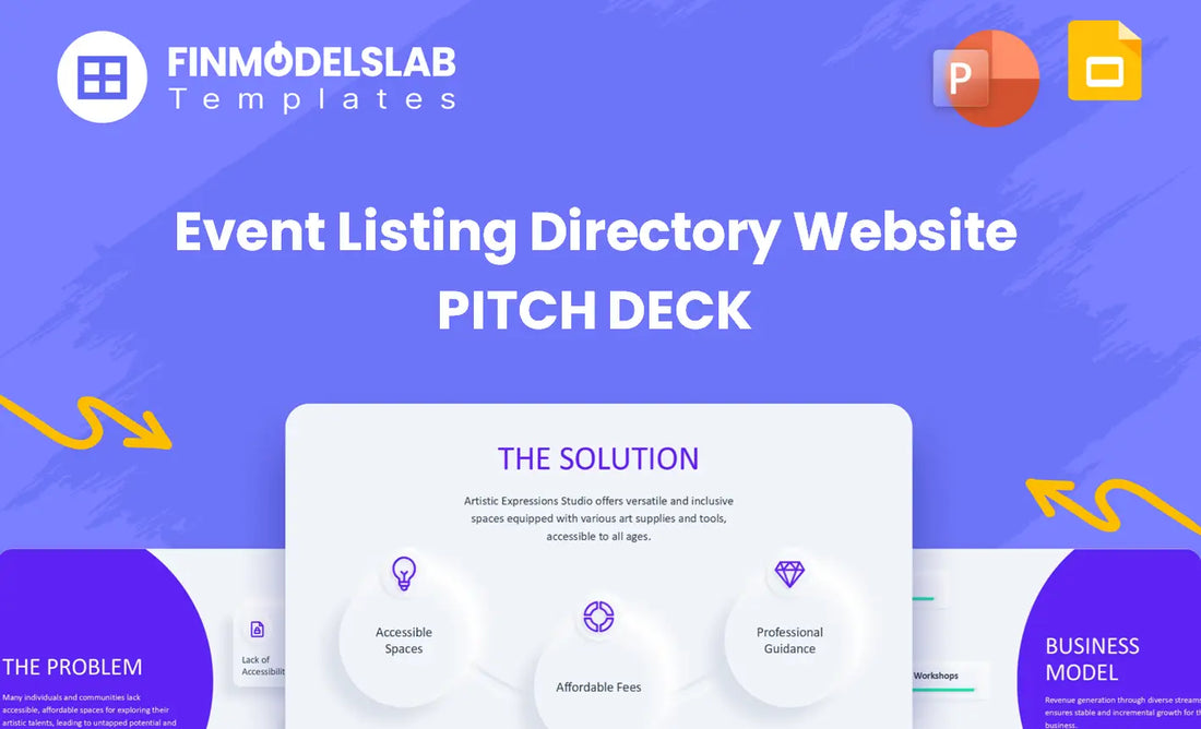 Event Listing Directory Website Investment Pitch Deck - investor pitch to raise funds and secure meetings, built for investor-ready structure, visual storytelling, concise 8-slide format; helps founders save time and fix unclear investor expectations and tight deadlines.