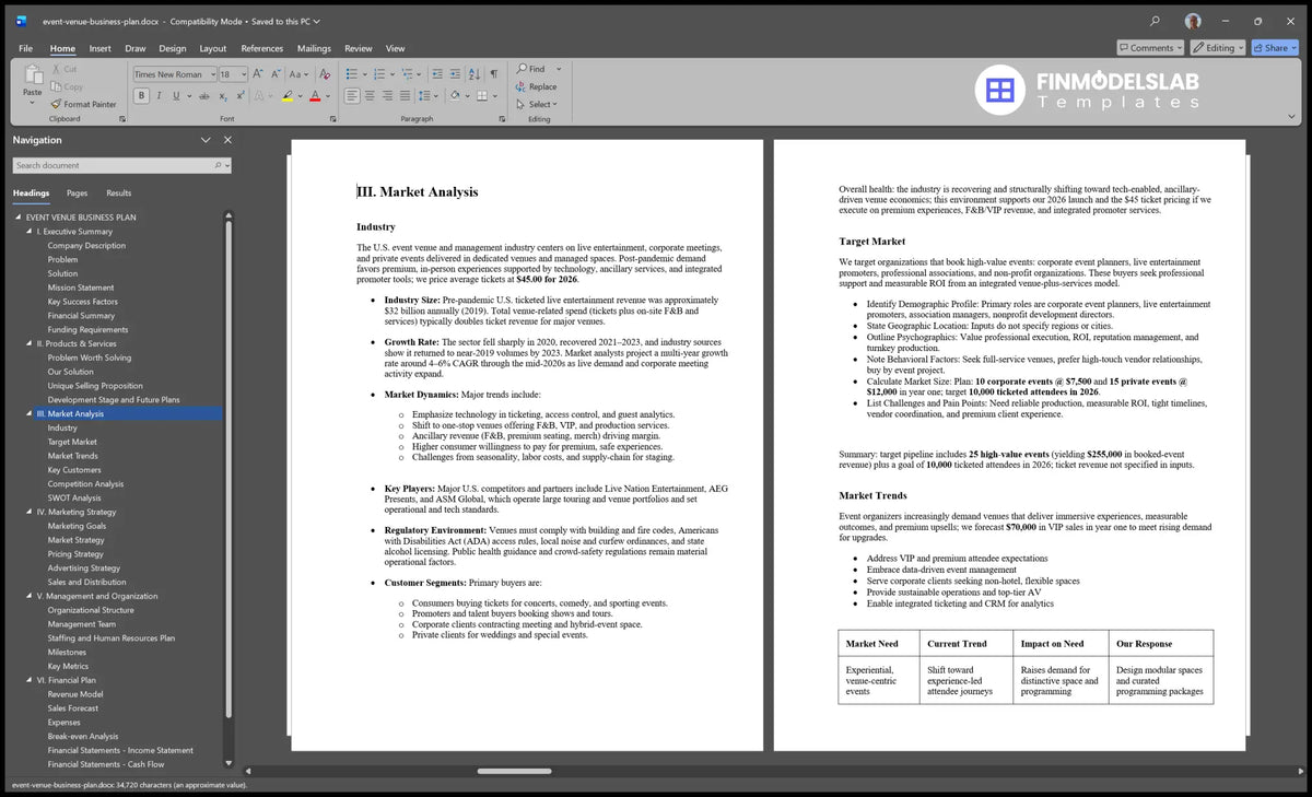 Event Venue Plan Template: 5Yr Forecasts, 2Mo Breakeven, 28Mo Payback