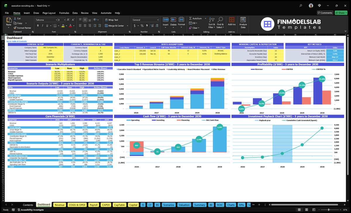 Board of Boards of Recruitment Dashboard companies with control scenarios, basic finances, income mix, profitability, cash flow and return on investment charts