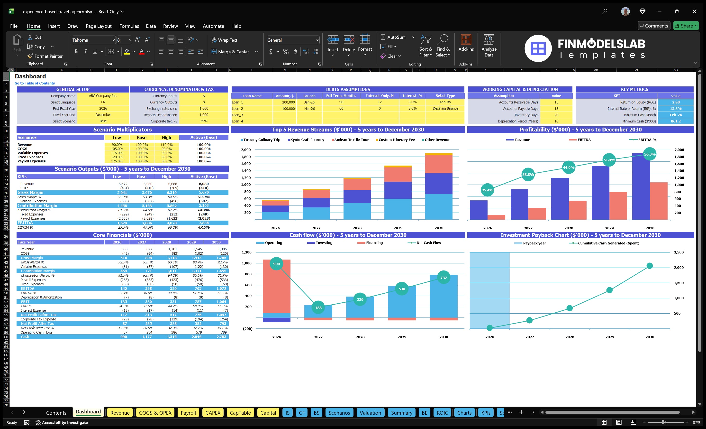 Dashboard showing model settings, scenario multipliers, revenue mix, profitability, cash flow, basic finances and return