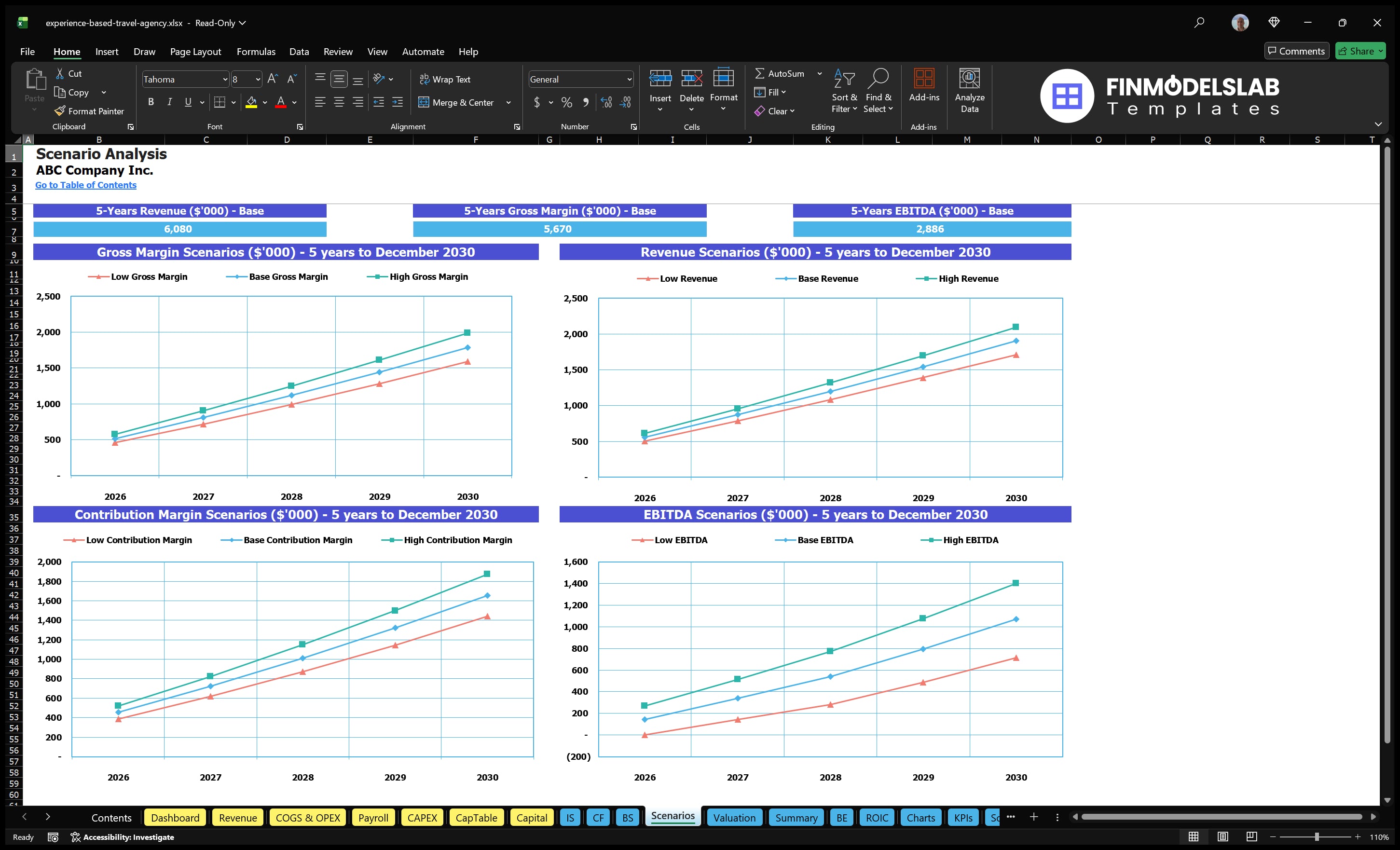 Worksheet analysis scenarios comparing low, basic and high revenues, gross margin, premium margin and EBITDA