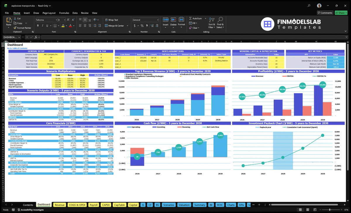 Financial model Dashboard with scenario multipliers, basic finances, mixed revenue, profitability, cash flow and repayment charts