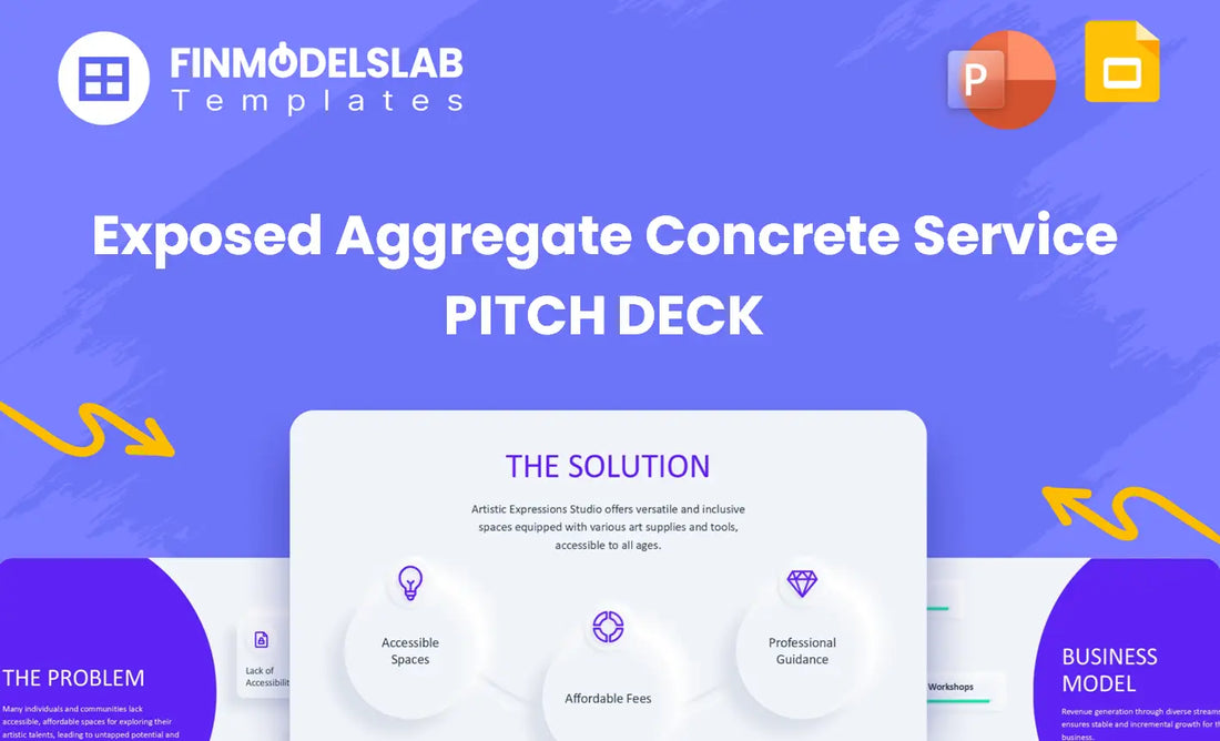 Exposed Aggregate Concrete Service Investment Pitch Deck - investor pitch to secure funding and partners, with investor-ready structure, concise 8-slide format, visual storytelling, and financial snapshot; addresses tight deadlines and unclear investor expectations.