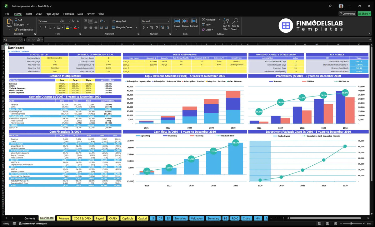 Favicon Desktop Generator Tool with configuration control, scenario results, basic financial data, revenue mix, profitability, cash flow and repayment charts