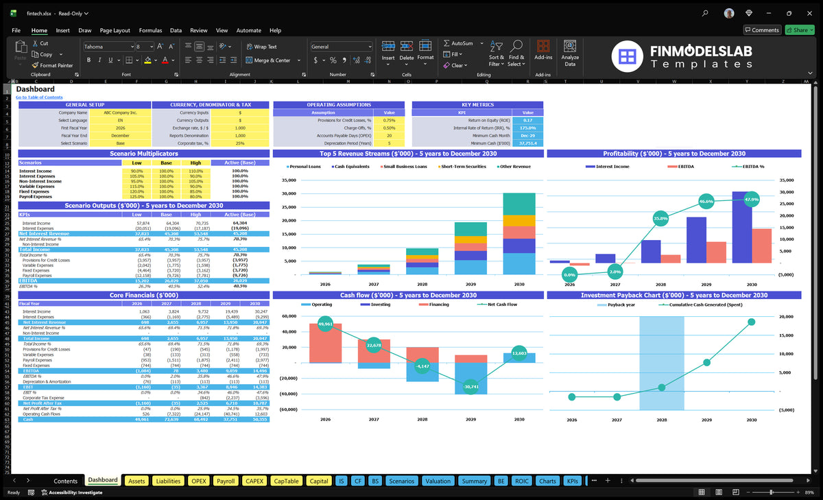 Fintech Startup Financial Model Dashboard with configuration control, scenario results, basic finance, revenue mix, profitability, cash flow and return charts