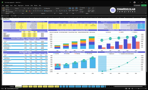 Fire Escape Signage Sales Financial Model dashboard summarizing key KPIs, runway/cash and performance with a dynamic dashboard, investor-ready charts and quick visibility into cash-flow blind spots