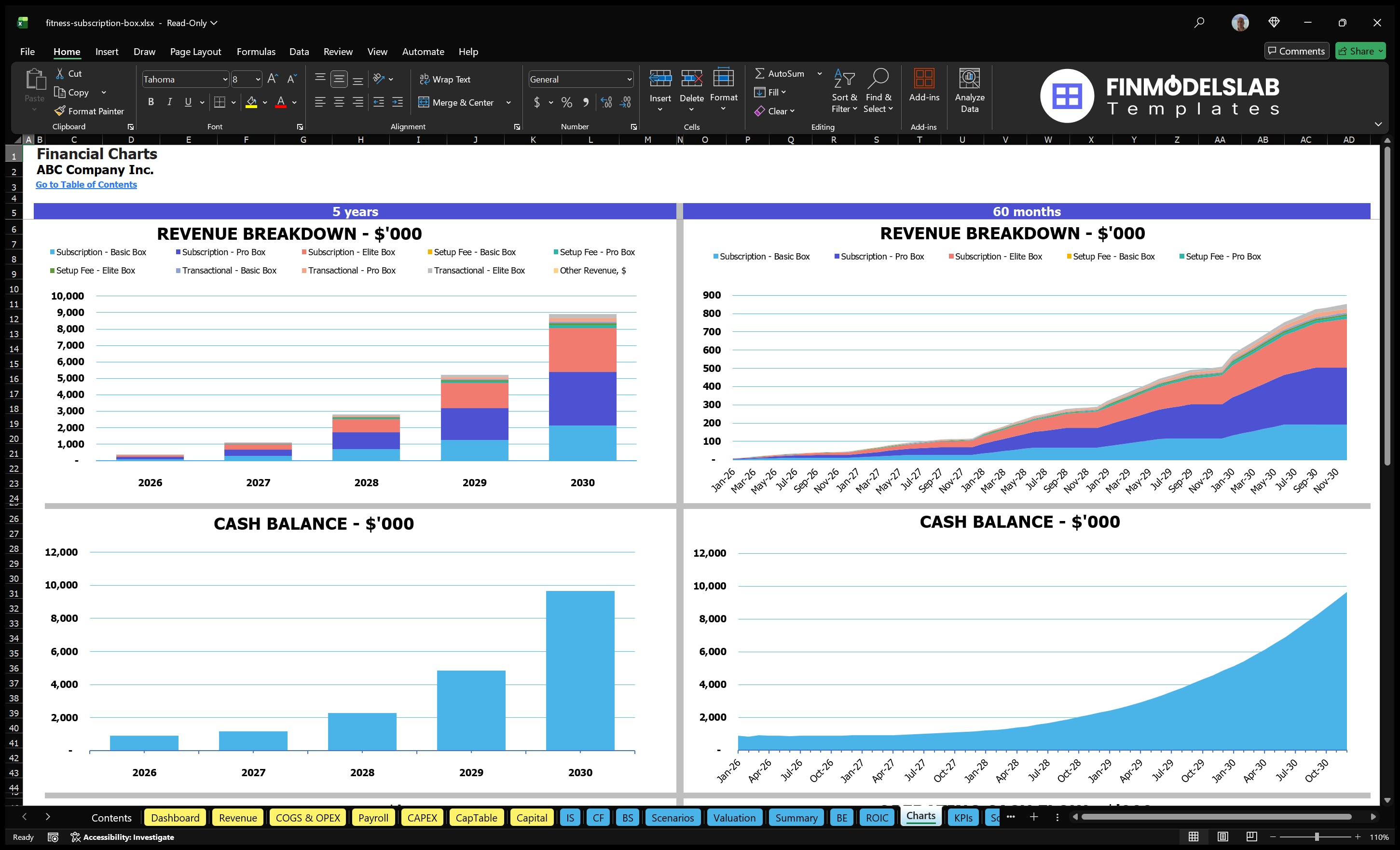 fitness subscription box financial model charts financialmodelslab