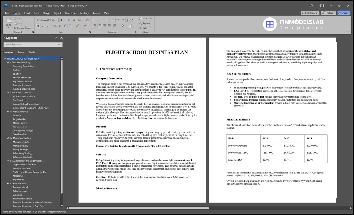 Flight School Business Plan Template with Forecasts