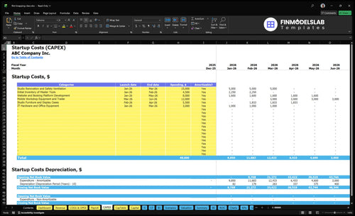 Flint Knapping Workshop Financial Model capex inputs tab showing capital expenditure categories and customizable purchase timelines, letting users model equipment, tooling and setup costs for funding and runway planning