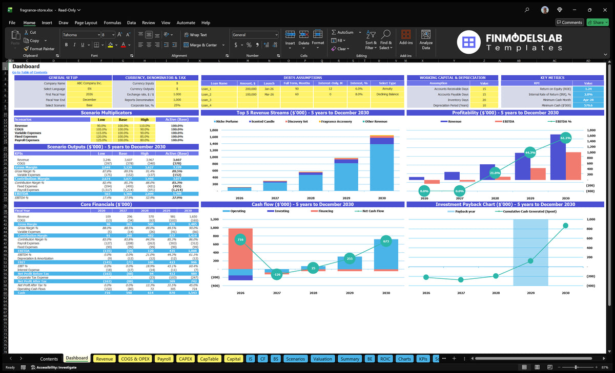 Dashboard showing configuration checks, scenario multipliers, basic finances, income basket, profitability, cash flow and return on investment charts