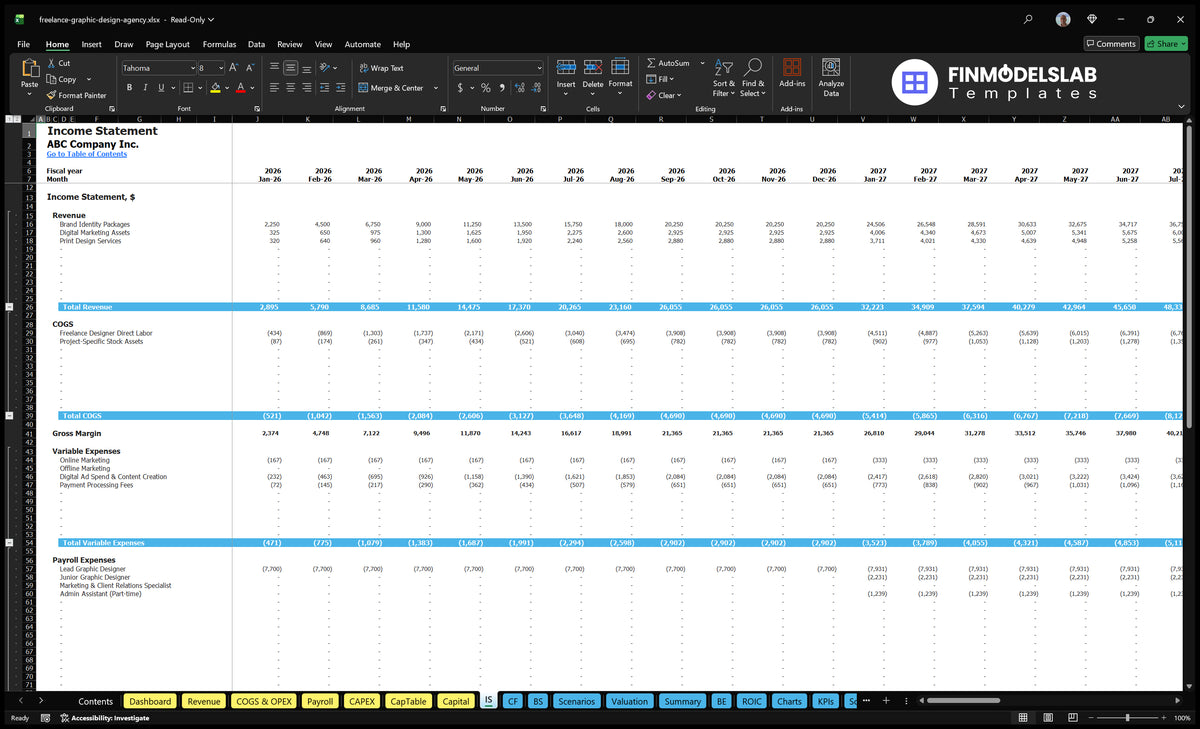 Freelance Graphic Design Model Template - 5 Years, 6 Mo Breakeven