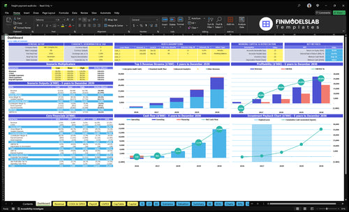 Freight Payment and Audit Financial Model dashboard summarizes key KPIs, runway/cash position and performance with a dynamic dashboard, highlighting cash-flow blind spots and investor-ready charts.