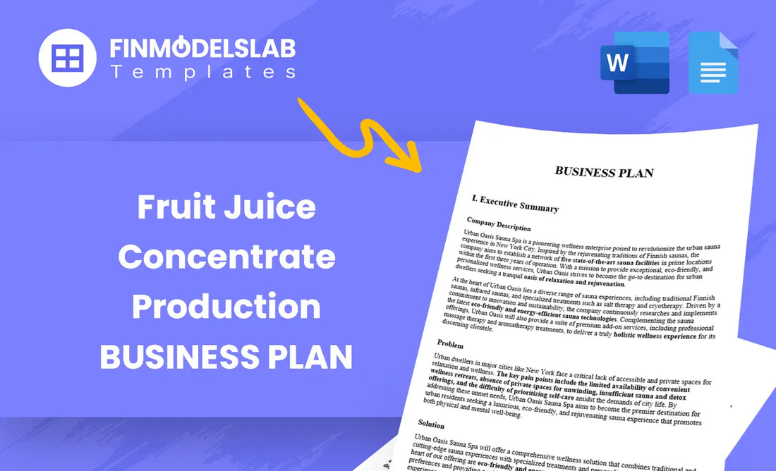 Fruit Juice Concentrate Production Business Plan – a template built for entrepreneurs and producers to launch or scale concentrate operations, with comprehensive structure, investor-ready formatting and high-level financial forecasts; saves time and helps meet lender/investor standards and avoid consultant overwhelm.