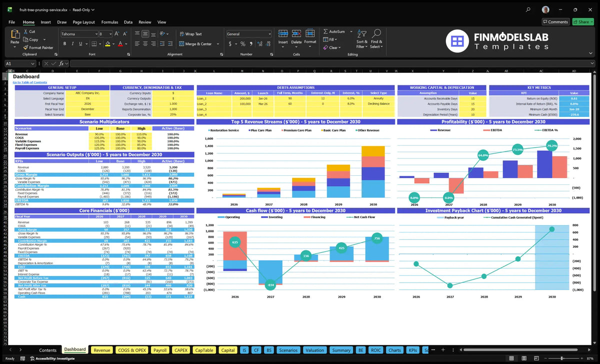 Navigation desk for fruit tree laundry services with scenario control, financial indicators, revenue mix, cash flow and investment charts