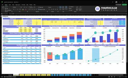 General Construction Company Financial Model dashboard summarizing key KPIs, runway and cash position with a dynamic dashboard that highlights performance, investor-ready charts and removes cash-flow blind spots.