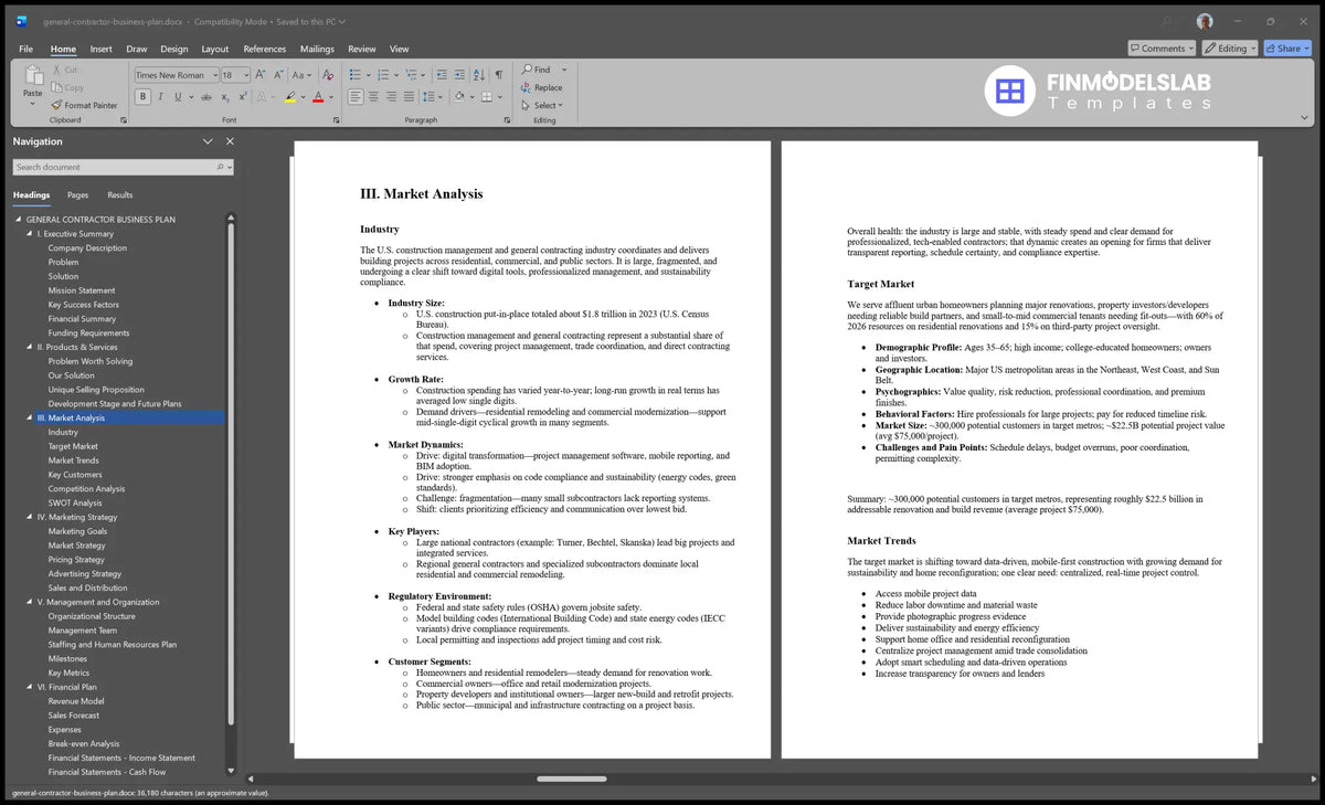 Editable General Contractor Business Plan Template