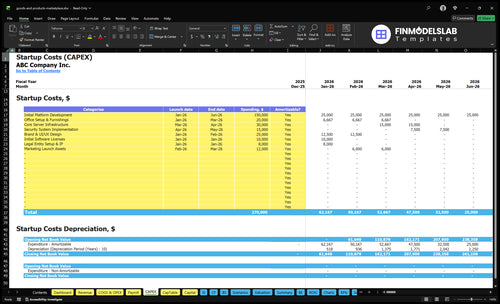 E-Commerce Marketplace Financial Model capex inputs tab showing configurable capital expenditures, asset lifecycles and purchase schedules so users can customize startup and growth capex assumptions for projections.