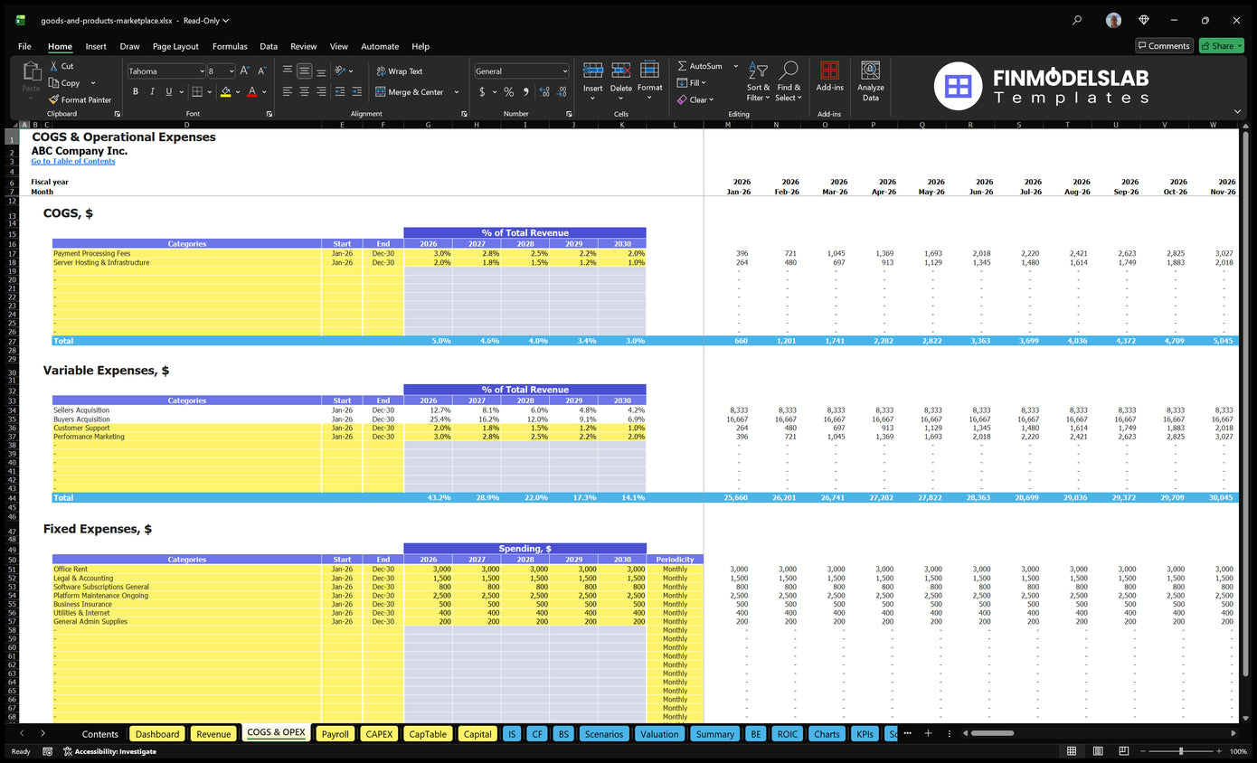 Worksheet COGS and OPEX Marketplace e-Commerce with assumptions for direct costs, variable costs and fixed costs