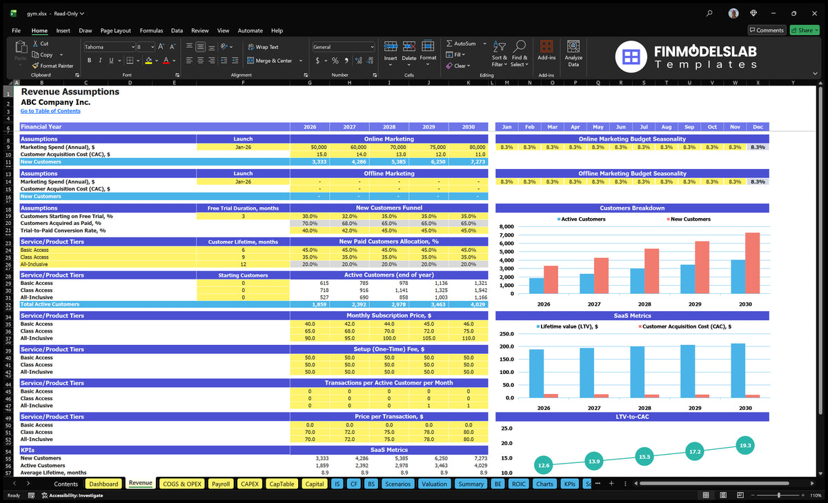 Gym Revenue worksheet showing marketing expenditure, CAC, free samples, paid conversions, membership levels, prices, configuration and entry fees for use