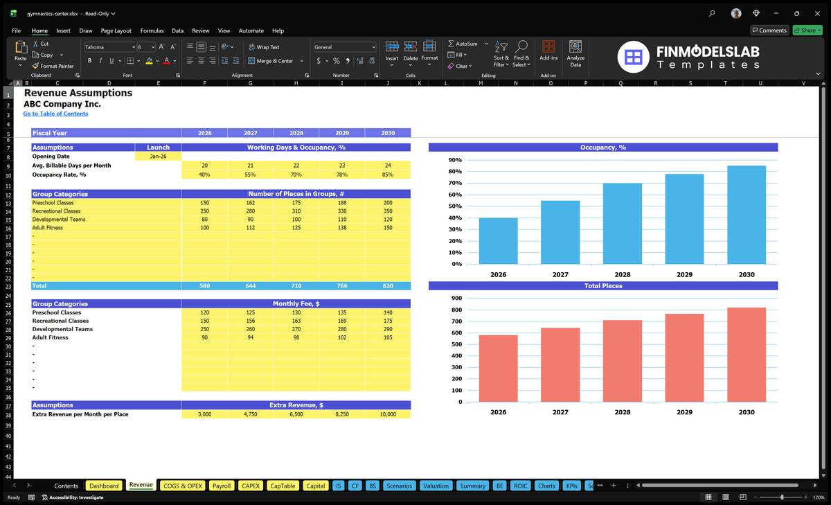 Gymnastics Financial Center Model Revenues Establishments of worksheet with launch date, placement, programme space, monthly fees and additional revenue