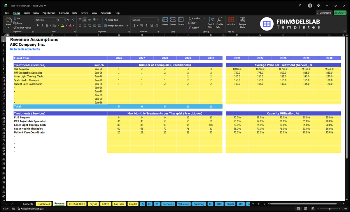Spreadsheet predicting revenue model of the hair reconstruction clinic showing the number of practitioners, starting dates, monthly treatment capacity, use and prices