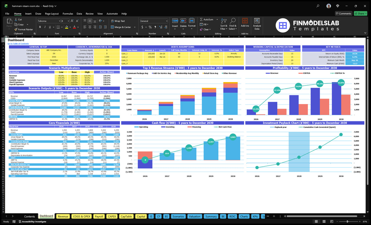 A worksheet of the navigation desk showing general settings, scenario checks, basic finances, revenue mix, profitability, cash flow and return on investment charts.