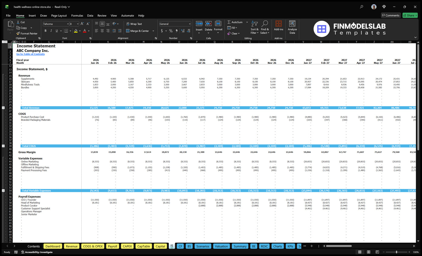 Health Wellness Online Store Financial Model Income Statement Financial Models Lab