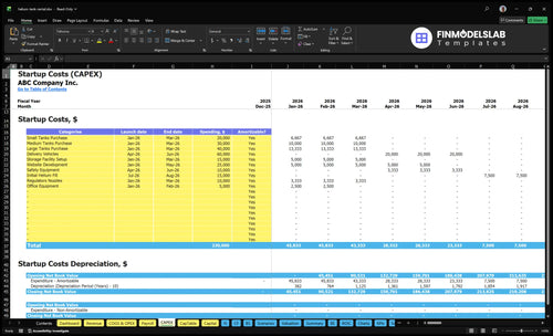 Helium Tank Rental Service Financial Model capex inputs showing capital expenditure items and purchase schedules, letting users customize asset costs, depreciation and investment timing for scenario-ready forecasts.