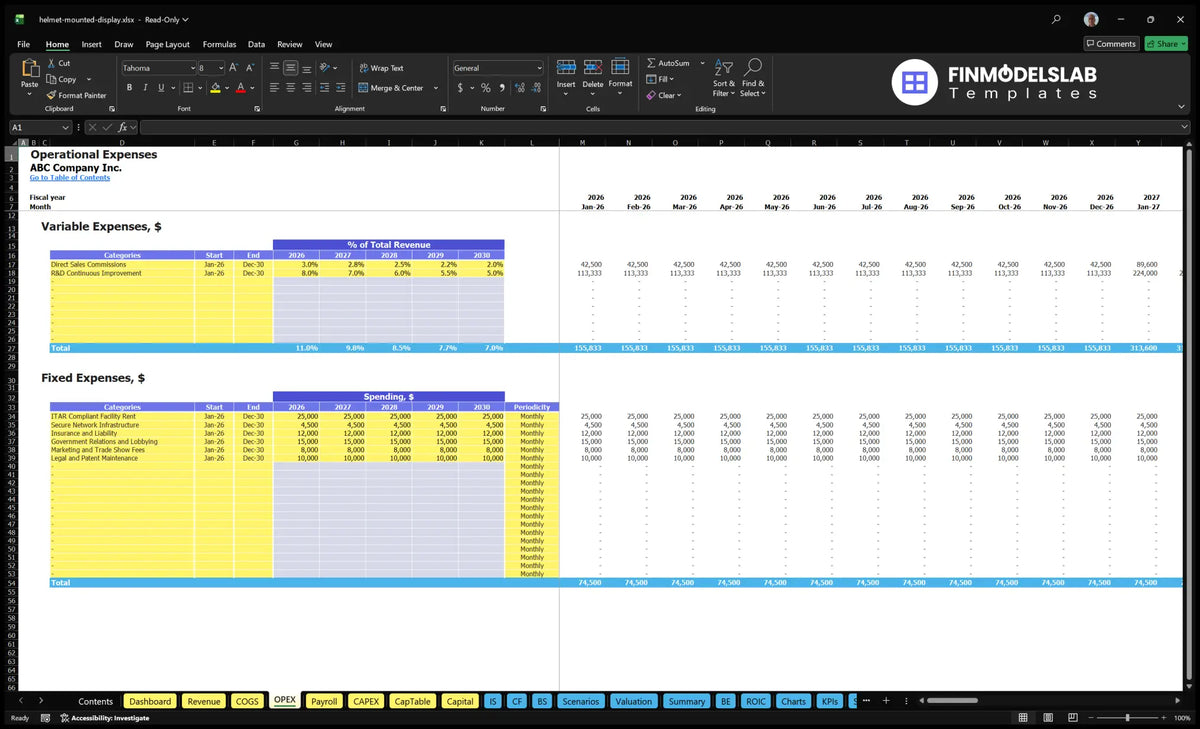 Production of displays with helmet mounting brackets Financial model OPEX worksheet with variable expenditure, fixed expenditure categories, expenditure assumptions, timetable and periodicity