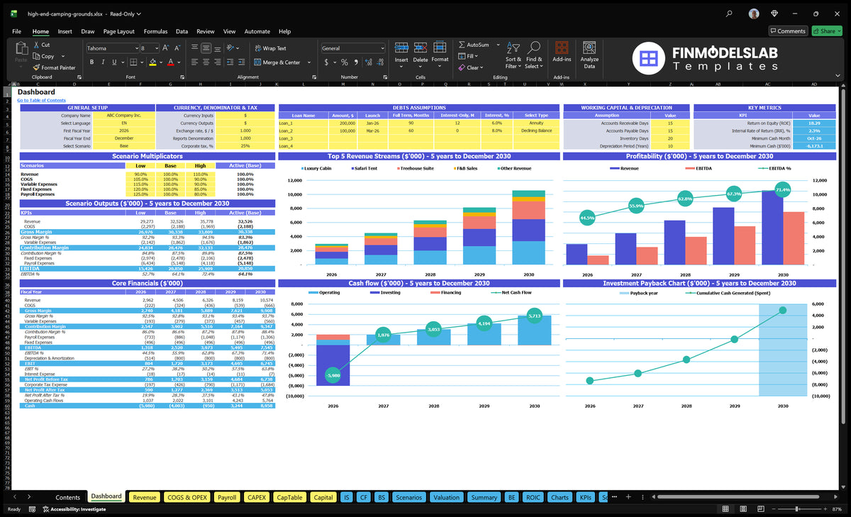 Luxury on-board sheet with scenario multipliers, basic finances, revenue mix, profitability, cash flow and return on investment charts.