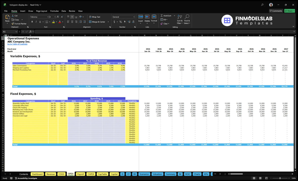 Hologram Systems Display Systems OPEX worksheet showing variable percentages of expenditure, assumptions on fixed costs, start and end time, periodicity and monthly schedules