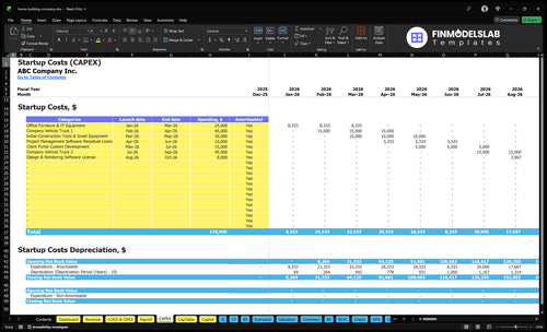 Home Building Financial Model capex inputs tab showing customizable capital expenditure items, timing and depreciation assumptions to plan construction investment, budget and funding needs, user-friendly.