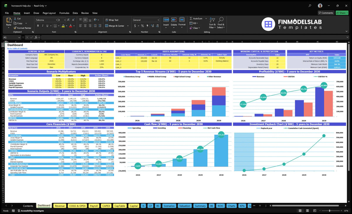 Homework Help tutor Service Dashboard with general configuration, scenario multipliers, revenue mix, profitability, cash flow, basic finance and return graphs.