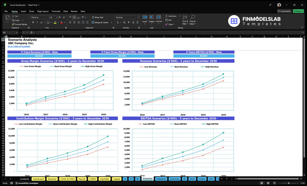 Leveling of the house and renovation of the foundations Worksheet analysis scenarios comparing low, base and high revenues, gross margin, premium margin and paths EBITDA
