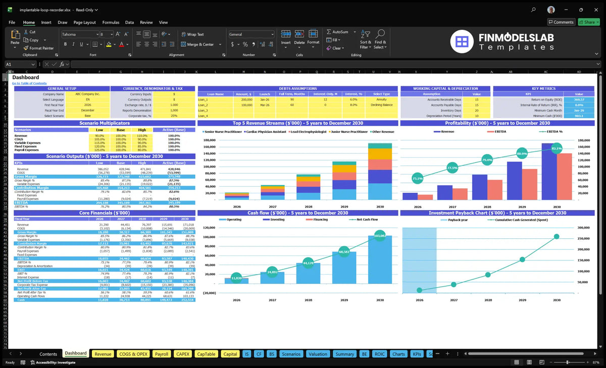 Data table for loop recording with configuration adjustment, debt assumptions, working capital, scenarios, income mix, profitability, cash flow and return charts