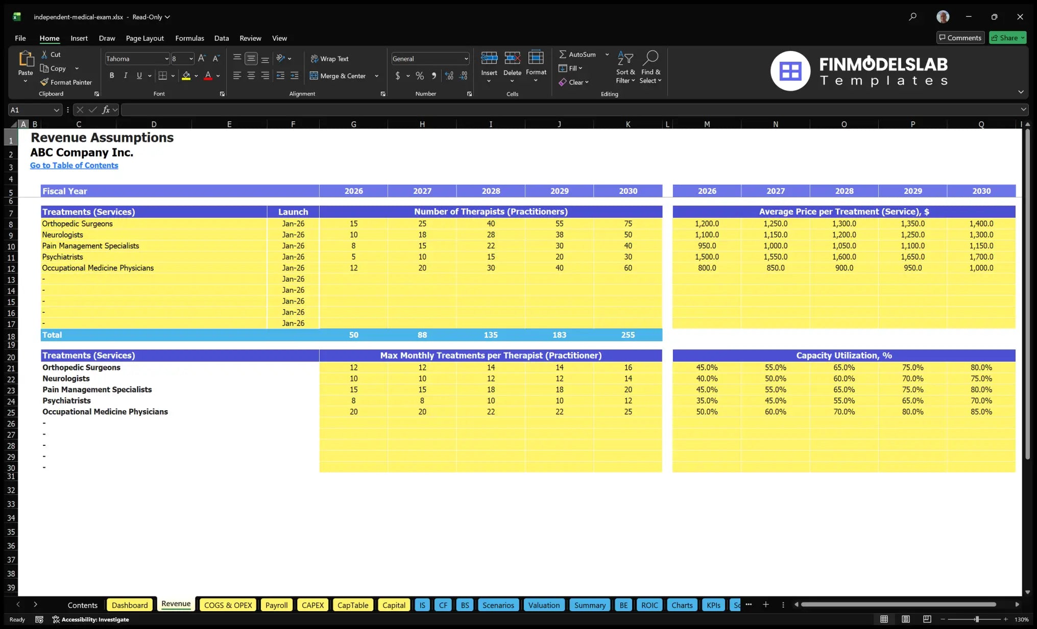 Revenues The establishment of a worksheet for Independent Medical Exam Service Financial Model shows the number of apprentices, start date, price, monthly service capacity and use.