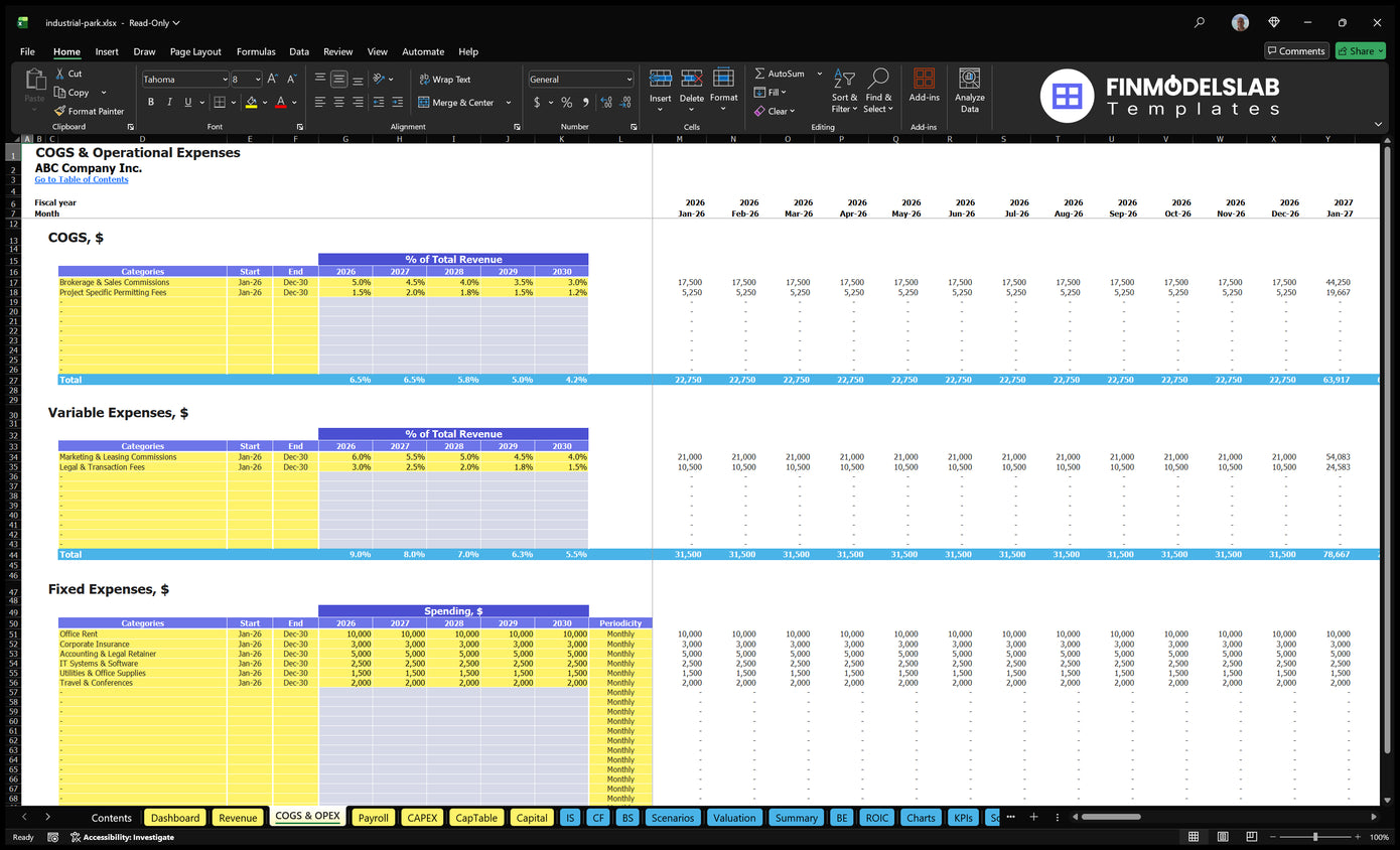 COGS and OPEX calculation sheet for industrial parks with assumptions with direct, variable and fixed operating costs