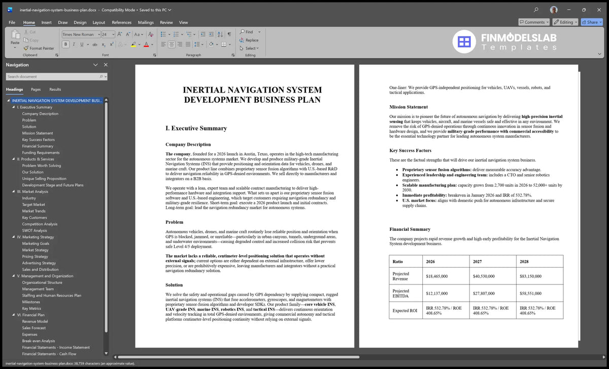 Inertial Navigation System Business Plan Template with Forecasts