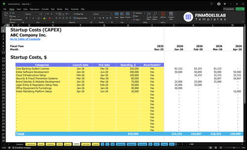 Online Bank Financial Model captable inputs and calculations showing equity splits, investor rounds, dilution and share classes; lets founders customize ownership, raises, and scenario-ready funding assumptions.
