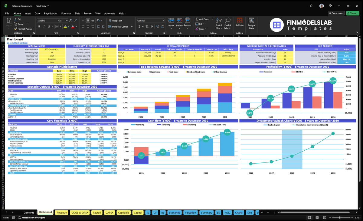 The underlying system configuration controls, the outcome of the scenarios, the underlying finances, the mix of revenue, profitability, cash flow and return charts