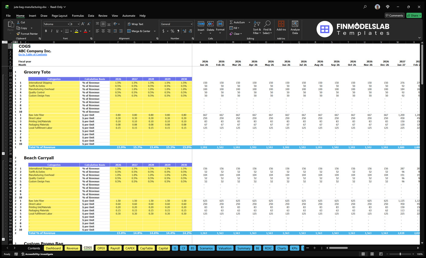 COGS worksheet shows direct costs at product level, reimbursement percentage costs, unit materials, work, printing and packaging