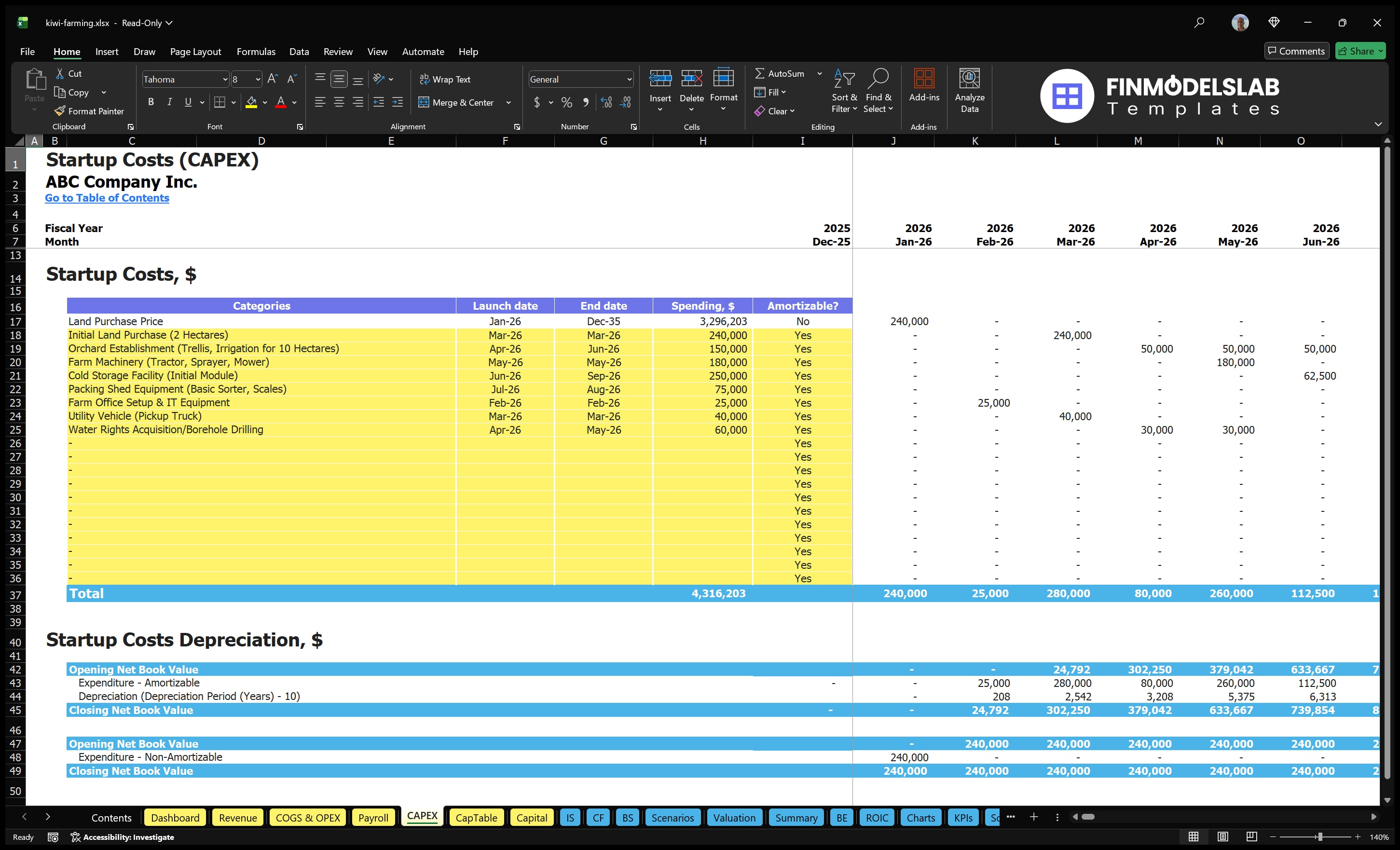 kiwi farming financial model capex financialmodelslab