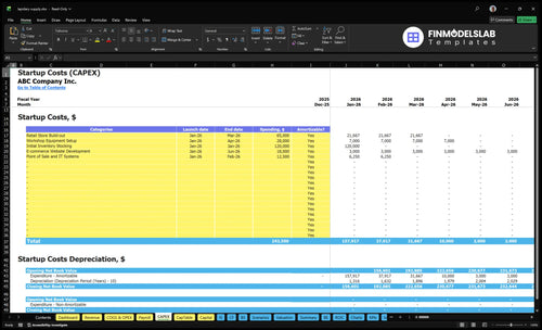 Lapidary Supply Store Financial Model capex inputs showing capital expenditure categories and customizable purchase schedules, letting users model equipment, setup costs and depreciation for scenario-ready forecasts.