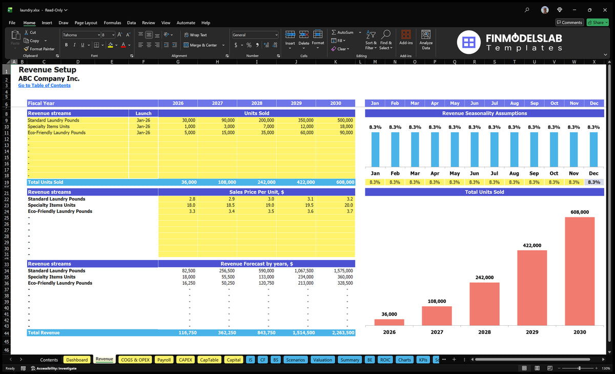 Laundry Services Financial model Revenues and expenses of the staff