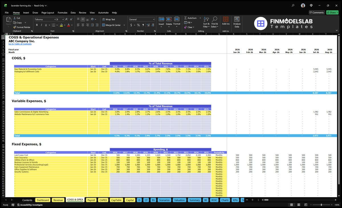 COGS and OPEX worksheet with interest on direct costs, variable expenditure, fixed expenditure, deadlines, periodicity and monthly projections